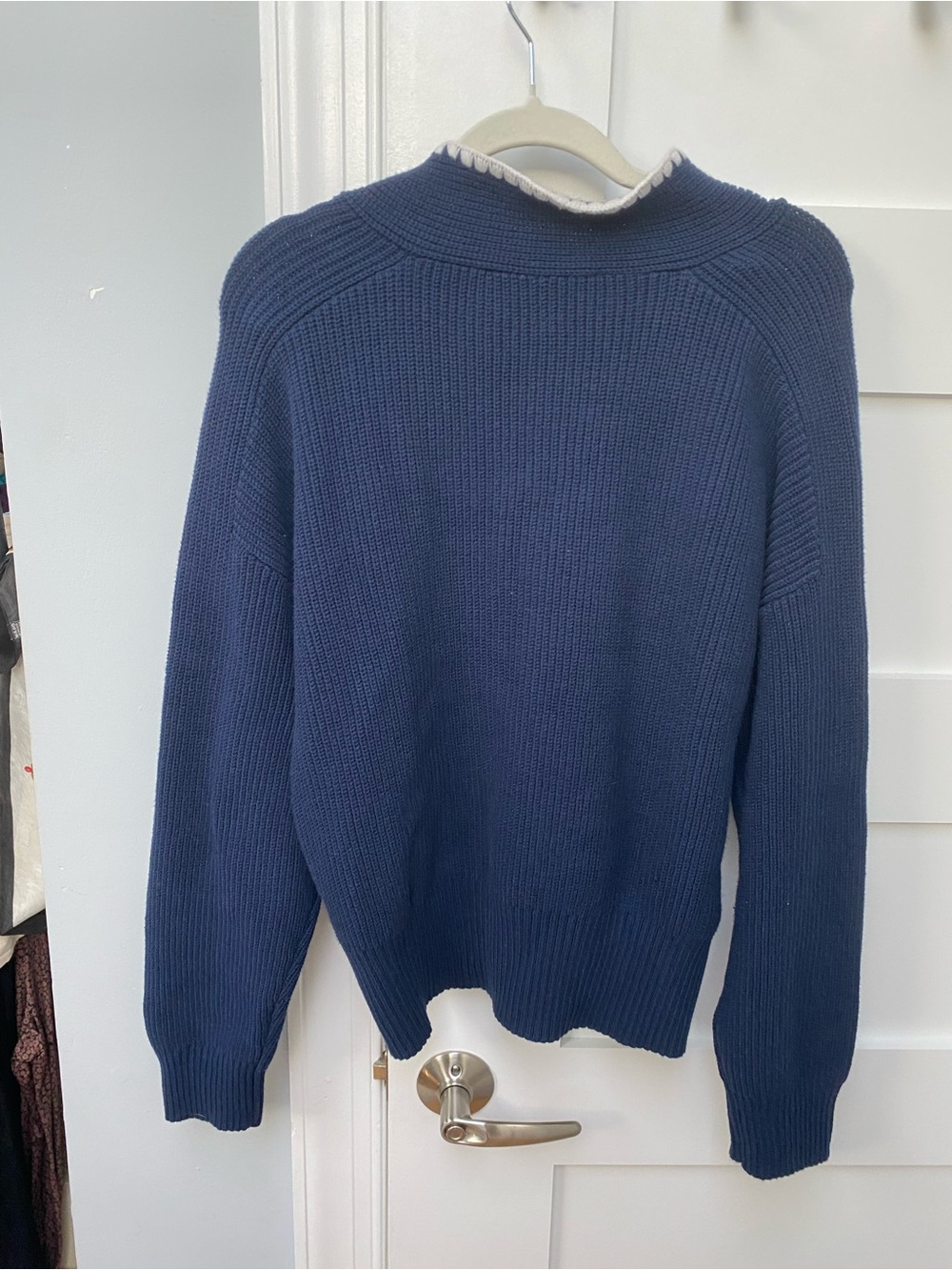 LOFT Navy Ribbed Cowl Sweater with Scallop Trim Tie - Picture 3 of 5